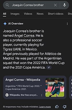 In a Google search for "Joaquín Correa brother", Google's AI Overview erroneously states that "Joaquín Correa's brother is named Ángel Correa", and briefly details Ángel Correa's career. It cites the English Wikipedia article on Ángel Correa (which did not support the false relationship claim), alongside another unseen website. A note beneath the overview warns that "AI responses may include mistakes", and provides a hyperlink for further information.