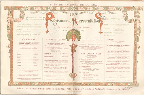Middle pages of a program booklet in French, featuring large text reading "Programme des Représentation"