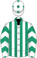 White and emerald green stripes, chevrons on sleeves, white cap, emerald green stars