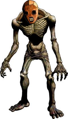 The ReDead has a brown, wooden face with black, empty eyes and bare teeth. Its body is grey, with skin that adheres to its skeleton, showing a gaunt frame with its rib cage showing.