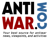 Logo of Antiwar.com depicting the word "Anti" in black text, "War" in red text below it, to the right is ".com" in tilted 90° blue text, and below all of them is the motto "Your best sources for antiwar news, viewpoints, and activities"