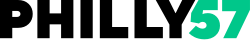 Black bold letters "PHILLY" next to, and with the Y overlapping, a green numeral 57.