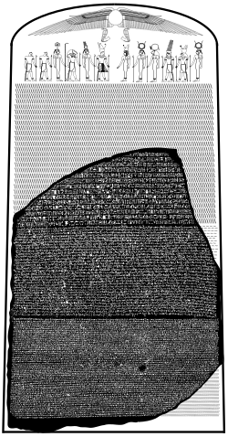 The Rosetta Stone with the missing upper and lower portions outlined