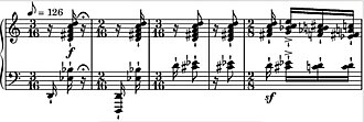 Measures of music starting in 3/16, changing to 2/16, then back, and so forth; polytonal chords are tightly placed throughout