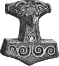 Drawing of a silver-gilted Thor's hammer found in Scania, Sweden