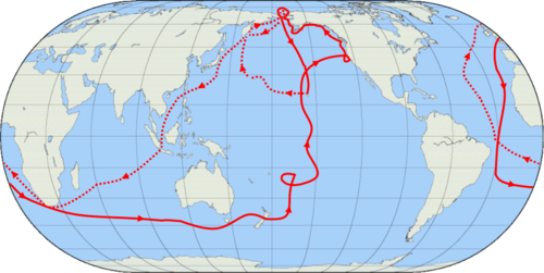A map of the entire globe, with lines showing the track of Cook's third voyage